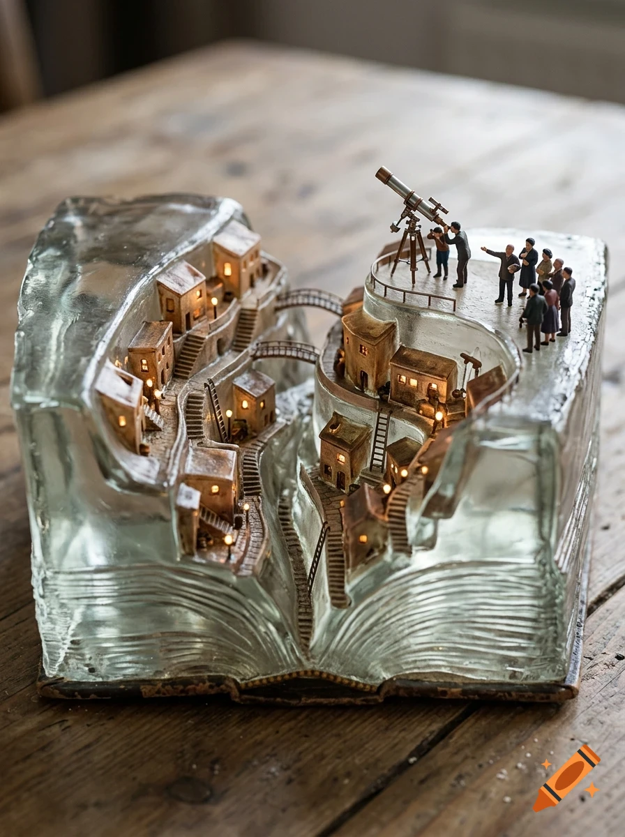 A miniature sculpted world carved inside a glass book, featuring tiny illuminated houses, winding staircases, and people looking through a telescope.