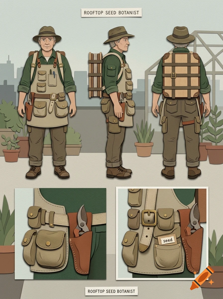 Character design sheet of an elderly male rooftop seed botanist showing front, side, and back views along with close-up details of his tool belt and pouches.