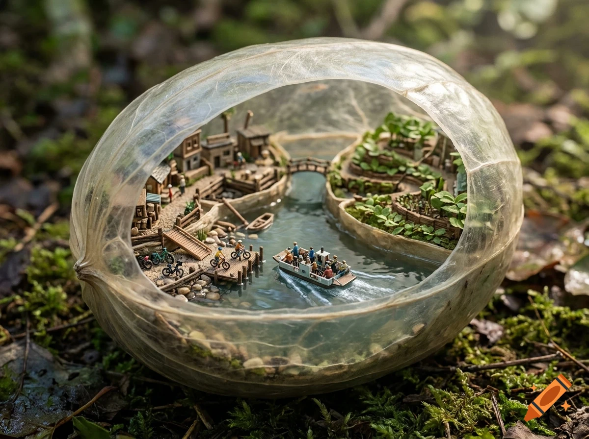A miniature diorama of a village with tiny people, bicycles, and a boat inside a translucent pod resting on the forest floor.