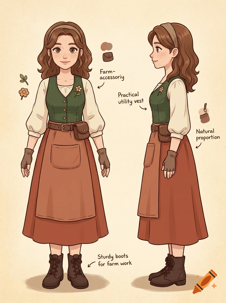 Digital illustration character sheet showing front and side view of a young woman in harvest moon style with green vest and brown skirt.