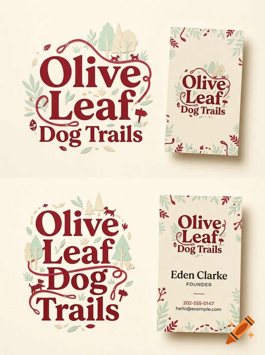 Branding design mockup featuring the text Olive Leaf Dog Trails surrounded by botanical and canine illustrations.