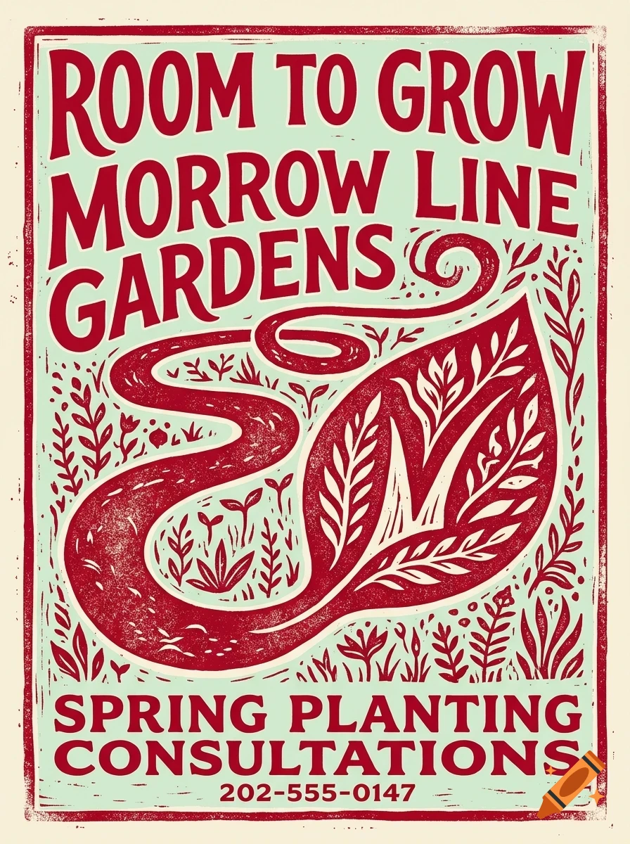 A poster with red lettering and plant illustrations on a light green background, reading Room to Grow Morrow Line Gardens.