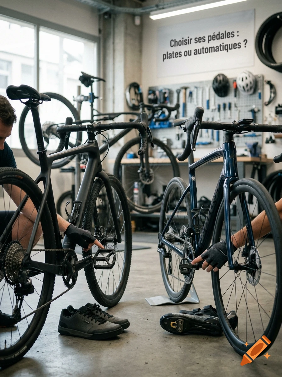 A photorealistic shot of a bike shop showing two different bicycles with people pointing at the pedals, with a sign on the wall.