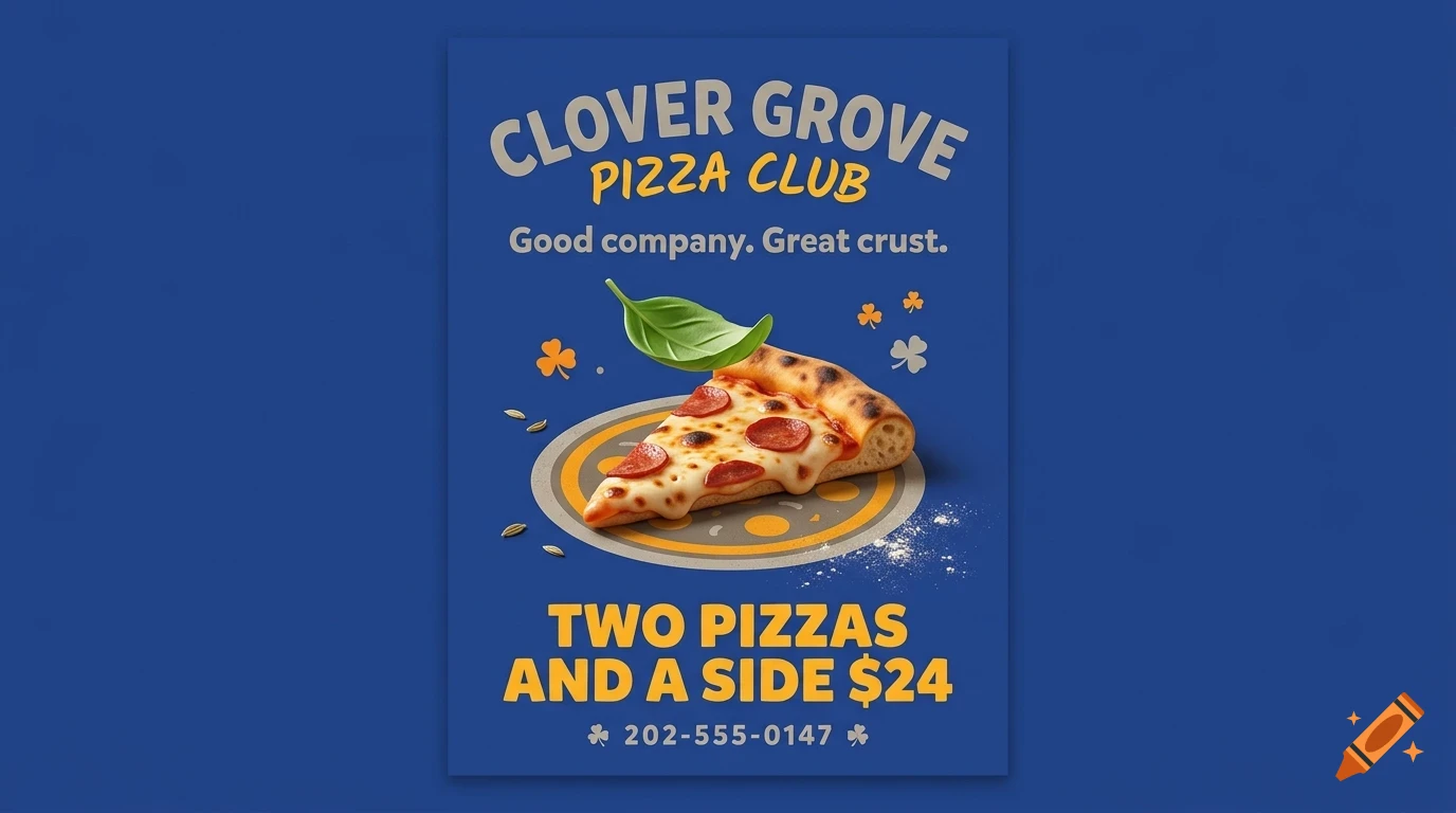A blue promotional poster for Clover Grove Pizza Club featuring a slice of pepperoni pizza and text.