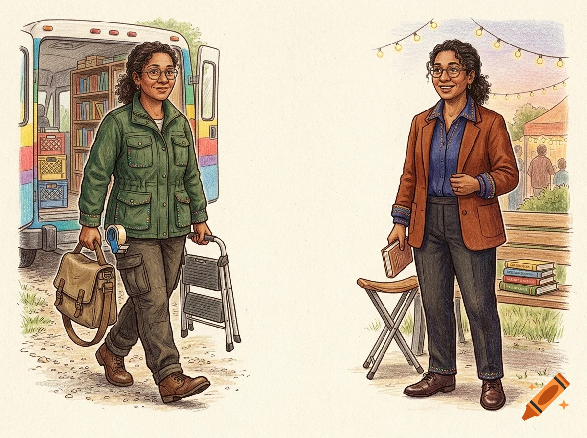 An illustrated depiction of a woman with glasses and curly dark hair in two different scenes, one by a book van and the other outdoors near a bench.
