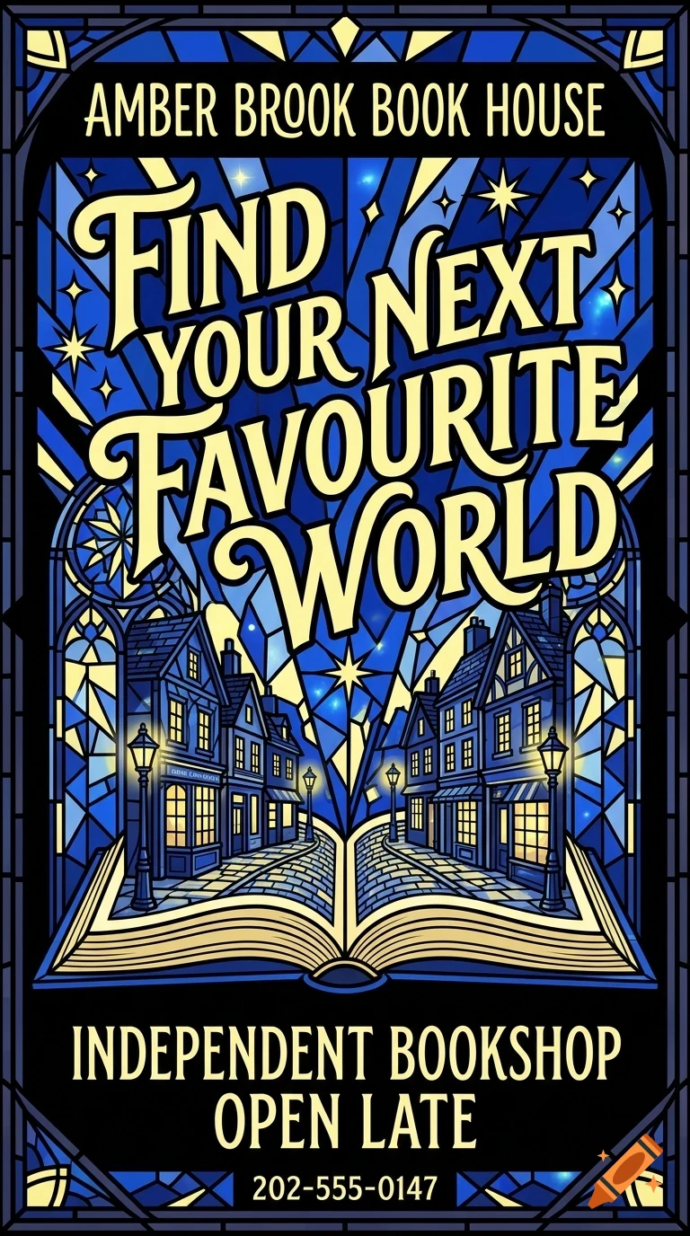 An illustrated poster design in blue and yellow tones featuring an open book with buildings emerging from the pages, surrounded by stained-glass style patterns and lettering.