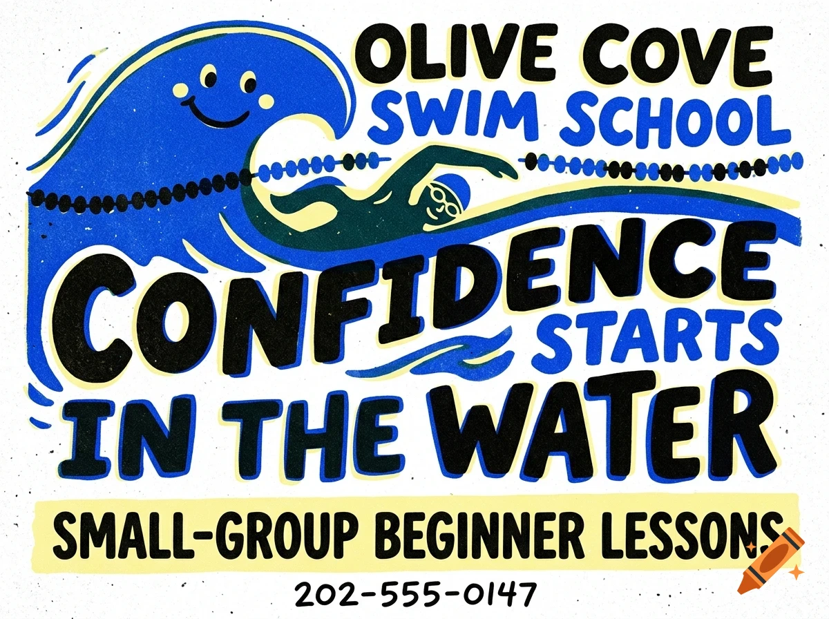 An illustrated poster for Olive Cove Swim School featuring a swimmer and a smiling wave graphic with bold lettering.