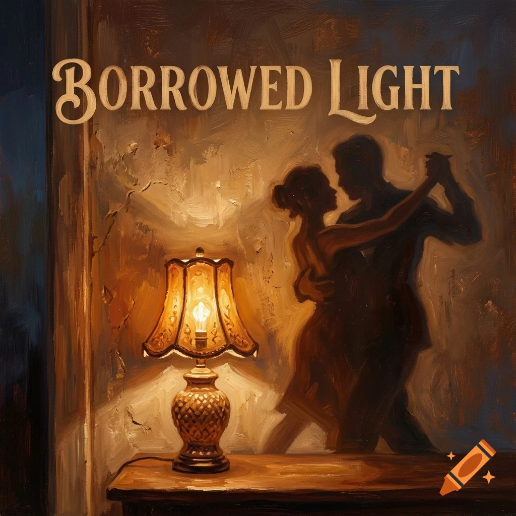 An oil painting of a couple dancing in the warm glow of a desk lamp, with the text 'BORROWED LIGHT' across the top.