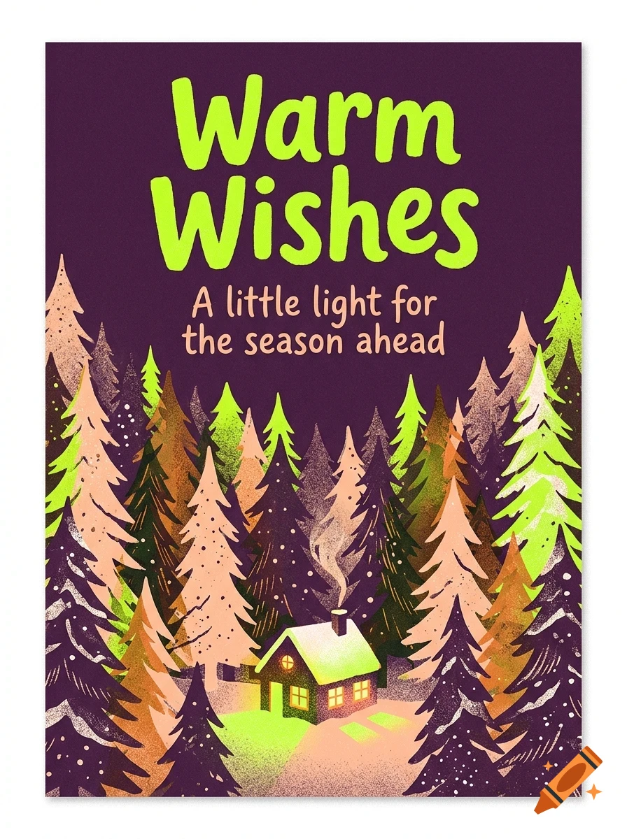 An illustrated greeting card featuring a glowing cabin nestled among a dense forest of stylized trees against a dark purple background, with the text 'Warm Wishes' and 'A little light for the season ahead' at the top.