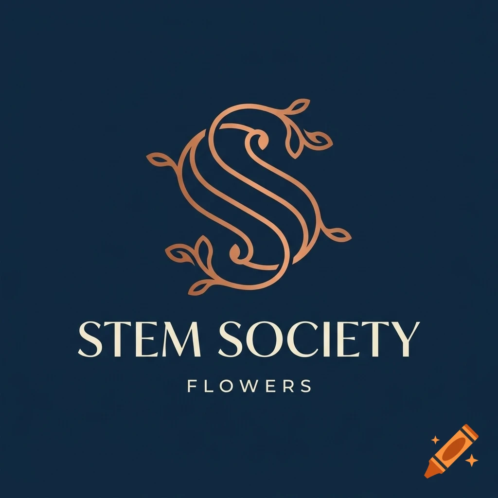 A copper-colored monogram logo of the letter S intertwined with leaves, set against a dark blue background with the text STEM SOCIETY FLOWERS below.