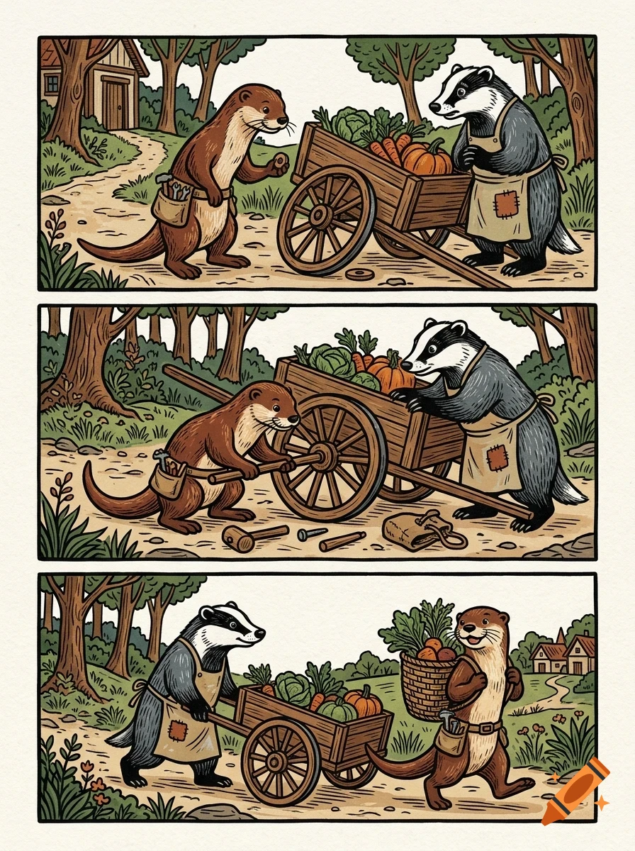 An illustrated comic in three panels depicting an otter and a badger working together to repair a wooden cart filled with vegetables.