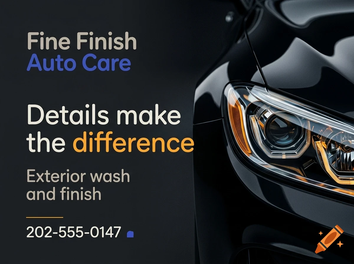 Close-up of a black car's front headlight with promotional text on the left.