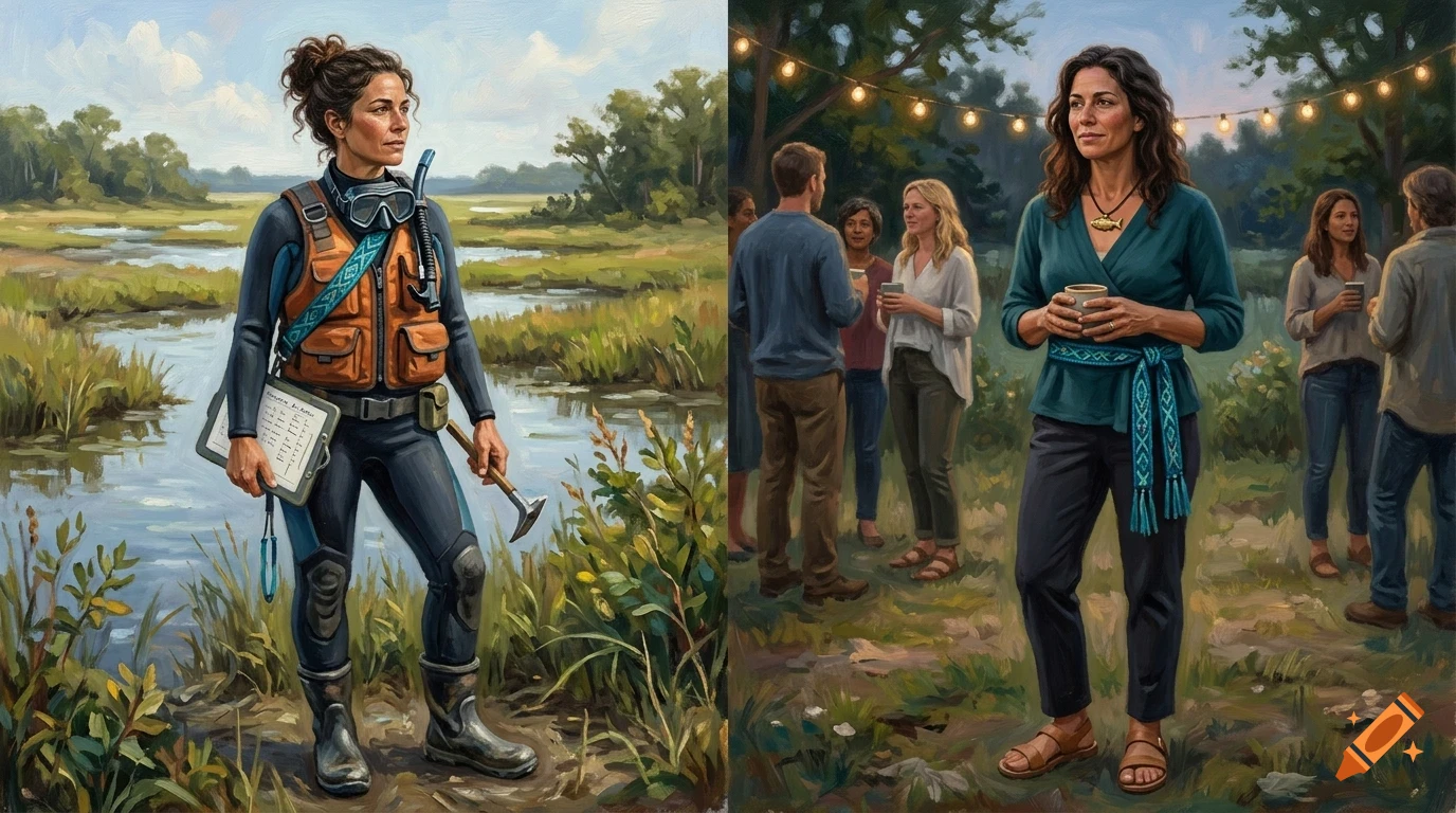Two side-by-side images showing a woman in two different outdoor settings, painted in an oil painting style.