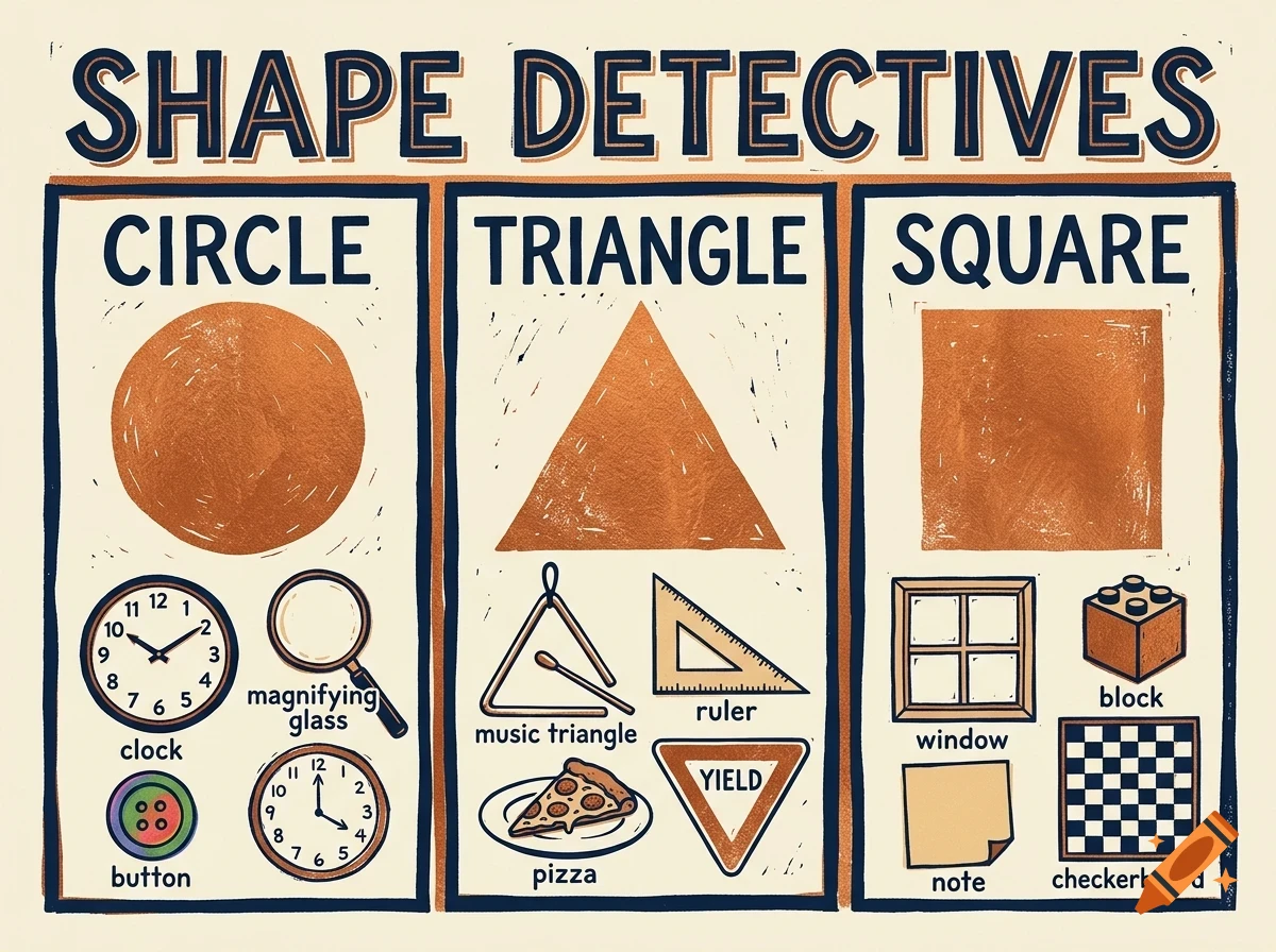 An educational poster titled Shape Detectives with three panels for circle, triangle, and square, showing shapes and corresponding objects.