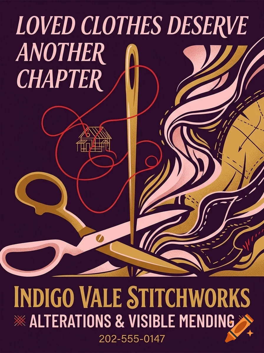 An illustrated poster for Indigo Vale Stitchworks featuring a needle, thread, scissors, and stylized fabric with text reading Loved clothes deserve another chapter.