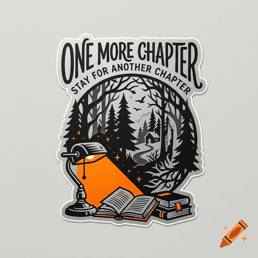 An illustrated sticker with a desk lamp illuminating an open book, next to a stack of books and a circular forest scene, featuring the text ONE MORE CHAPTER and STAY FOR ANOTHER CHAPTER.