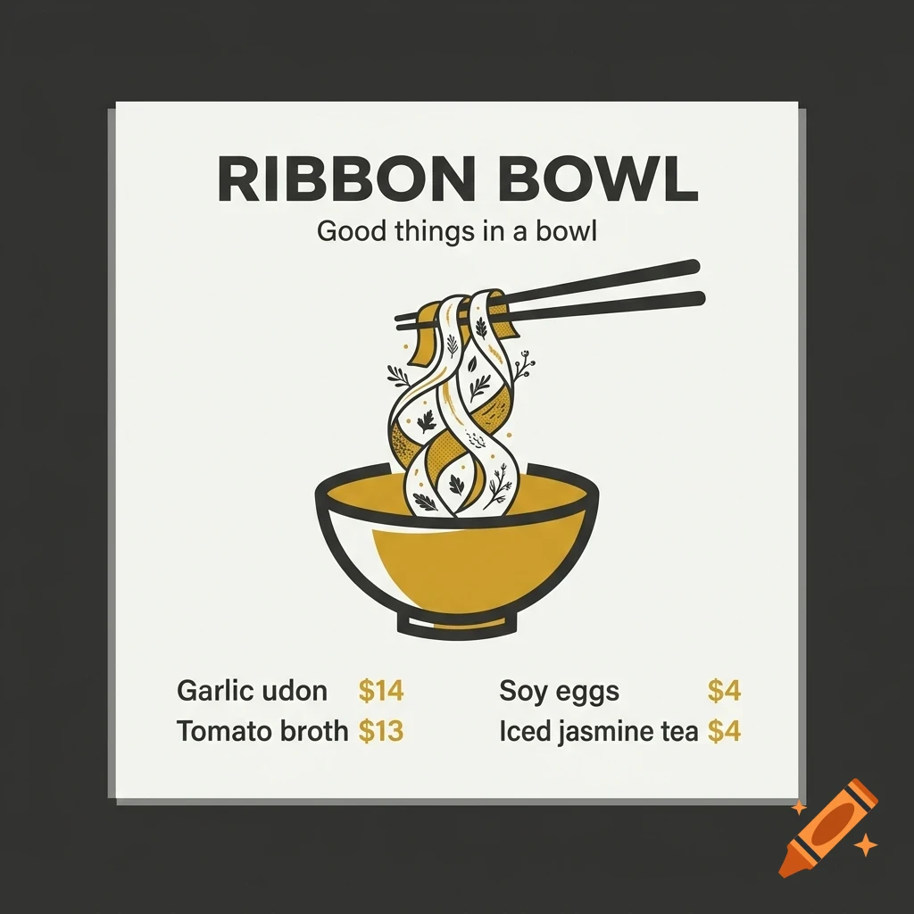 A graphic design for Ribbon Bowl featuring a bowl of noodles lifted by chopsticks, with menu items and prices below.