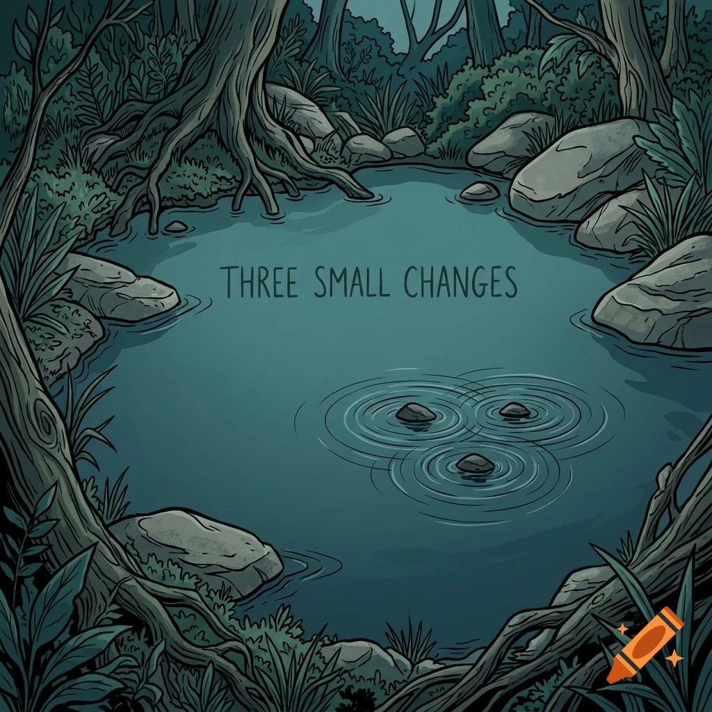 An illustrated forest pond with rocks, trees, and the text THREE SMALL CHANGES above three ripples.