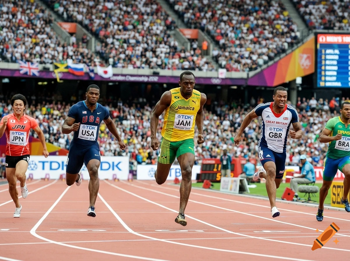 Photorealistic image of diverse male athletes sprinting on a running track during a major track and field competition.