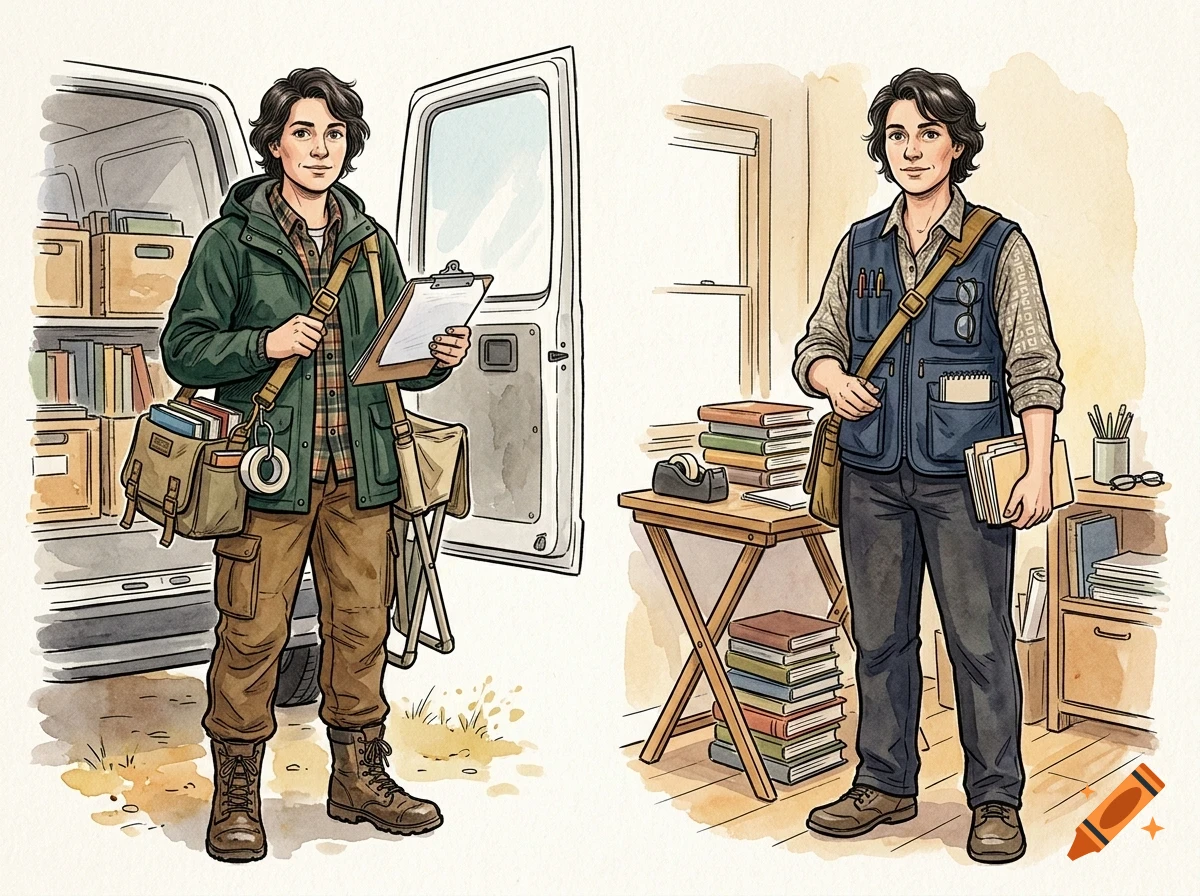 Watercolor style illustration of a person with dark hair shown in two poses, one outdoors near a van holding a clipboard and bag, and another indoors near a desk with books.