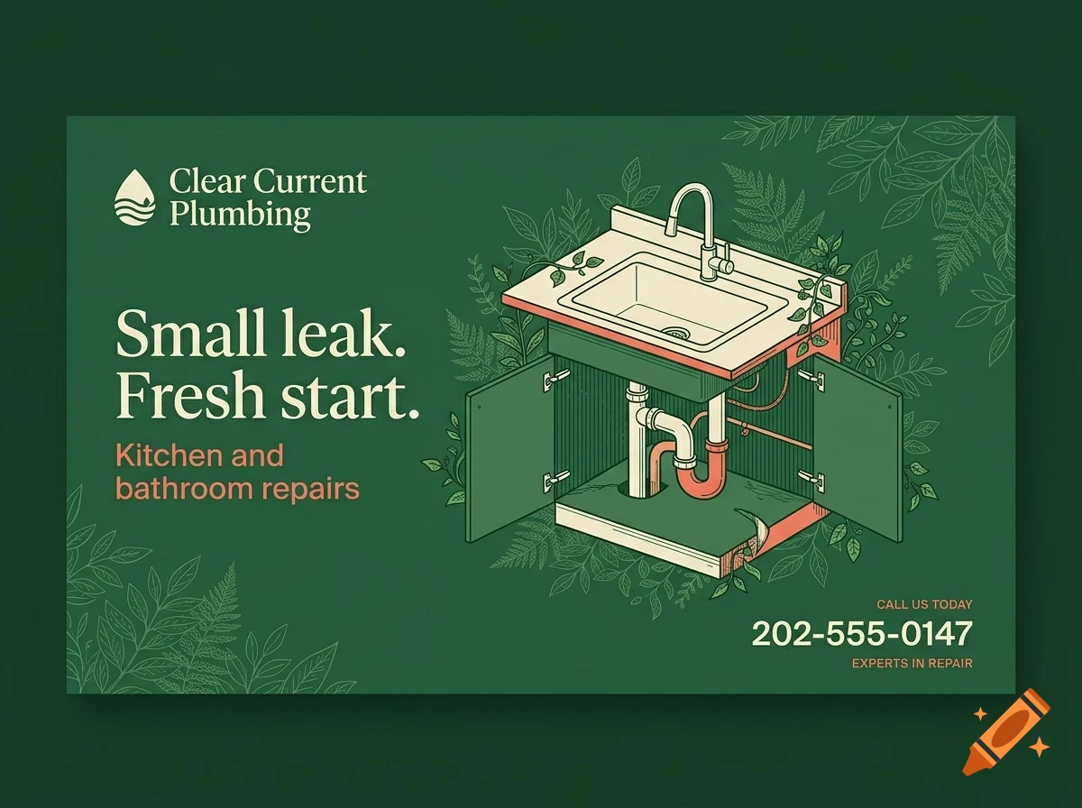 An illustration of a bathroom sink vanity with exposed plumbing, surrounded by foliage, accompanied by text for Clear Current Plumbing.