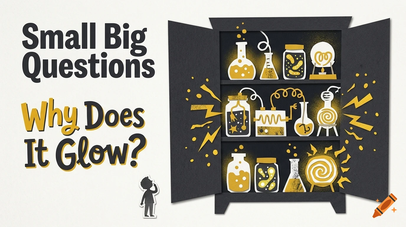 An illustration with text reading Small Big Questions and Why Does It Glow?, featuring a cabinet of glowing science glassware and a silhouette of a child.