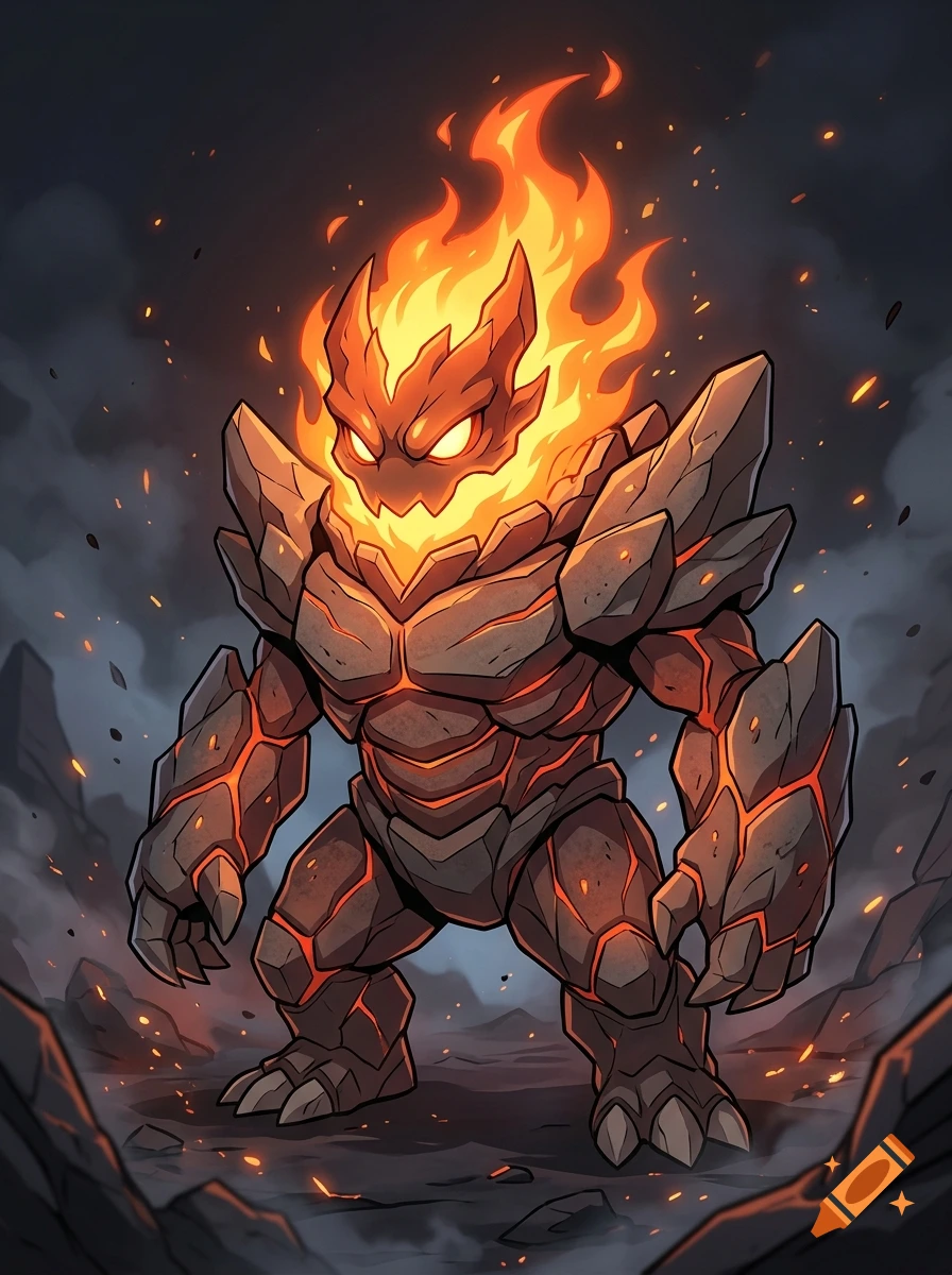 Digital illustration of a fiery rock monster with glowing orange eyes and a flame head in a rocky landscape.