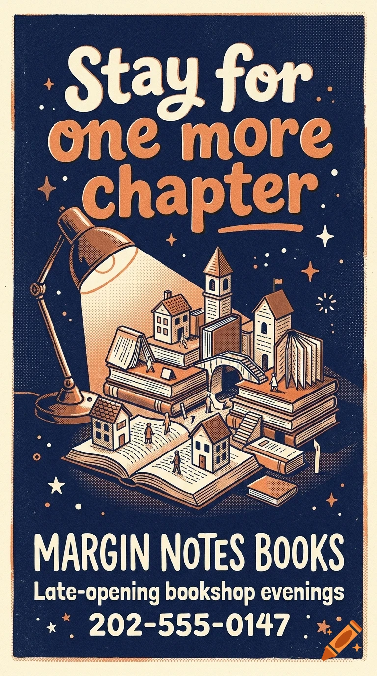An illustrated poster featuring a desk lamp illuminating a miniature town made of stacked books and tiny houses, with the text Stay for one more chapter and Margin Notes Books.
