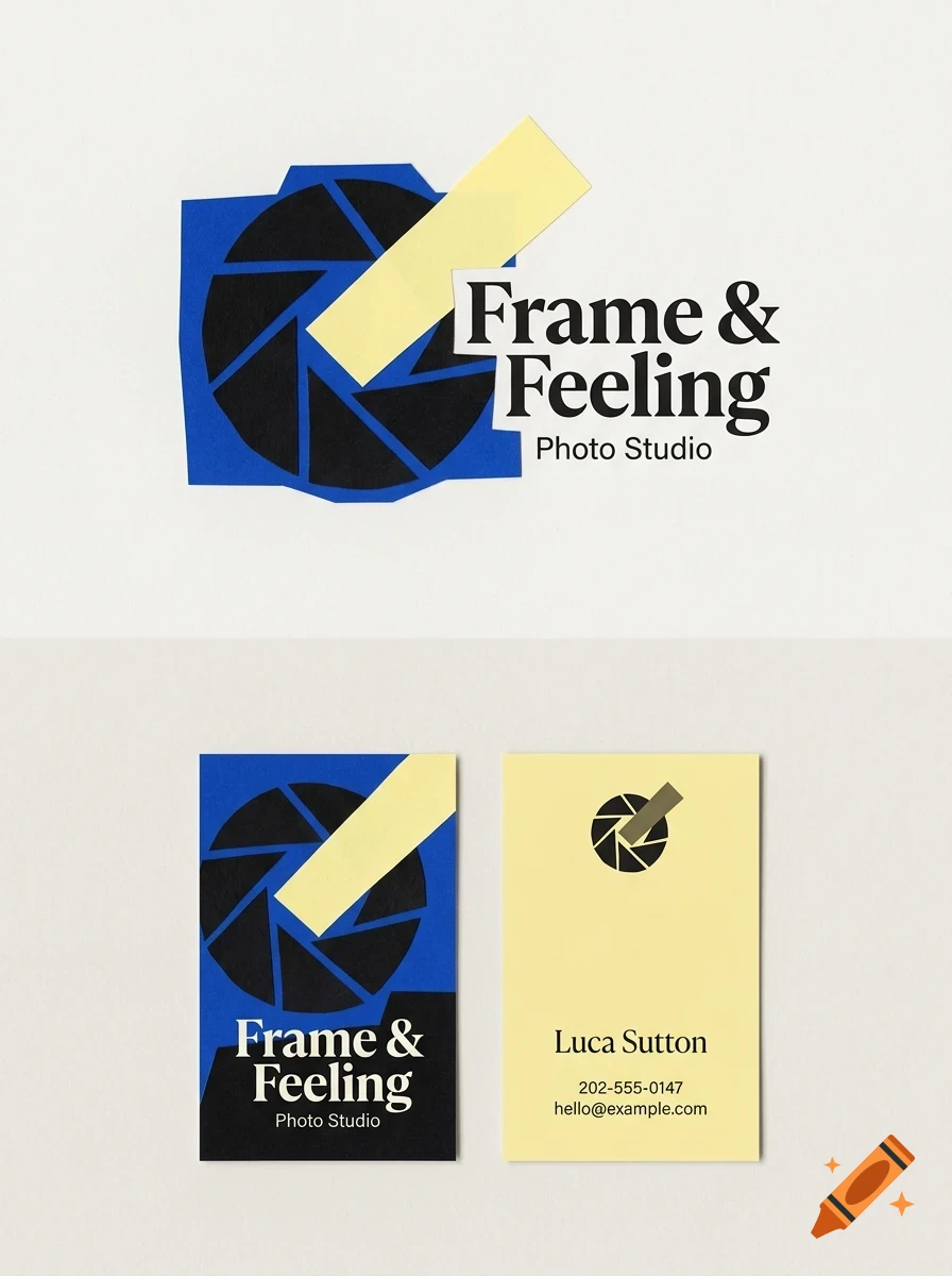 A branding design featuring a camera aperture icon, the text Frame & Feeling Photo Studio, and two business cards with contact details.