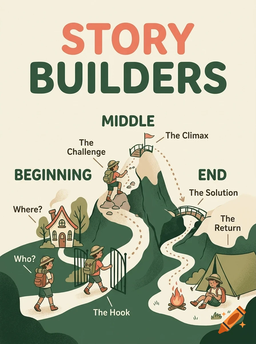 An educational poster titled Story Builders illustrating a story arc with Beginning, Middle, and End stages featuring children hiking, a house, and a campfire.