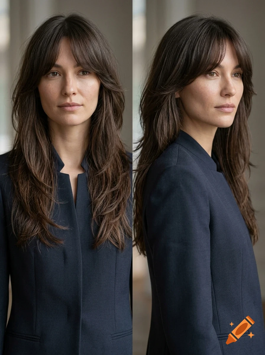 A woman with long brown layered hair and bangs, wearing a dark blue jacket, shown in front and side profile views.