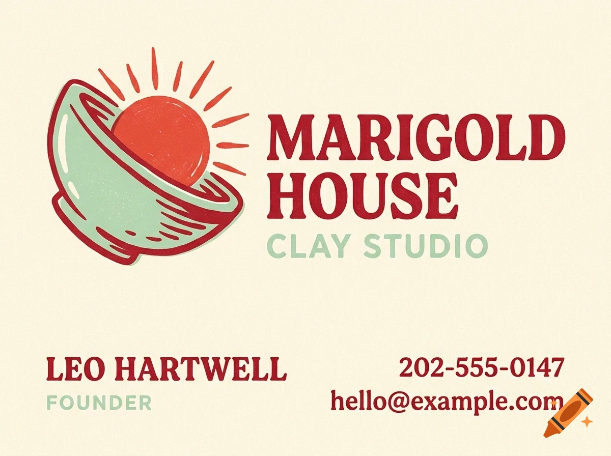 A business card design for Marigold House Clay Studio with a bowl graphic and contact details.