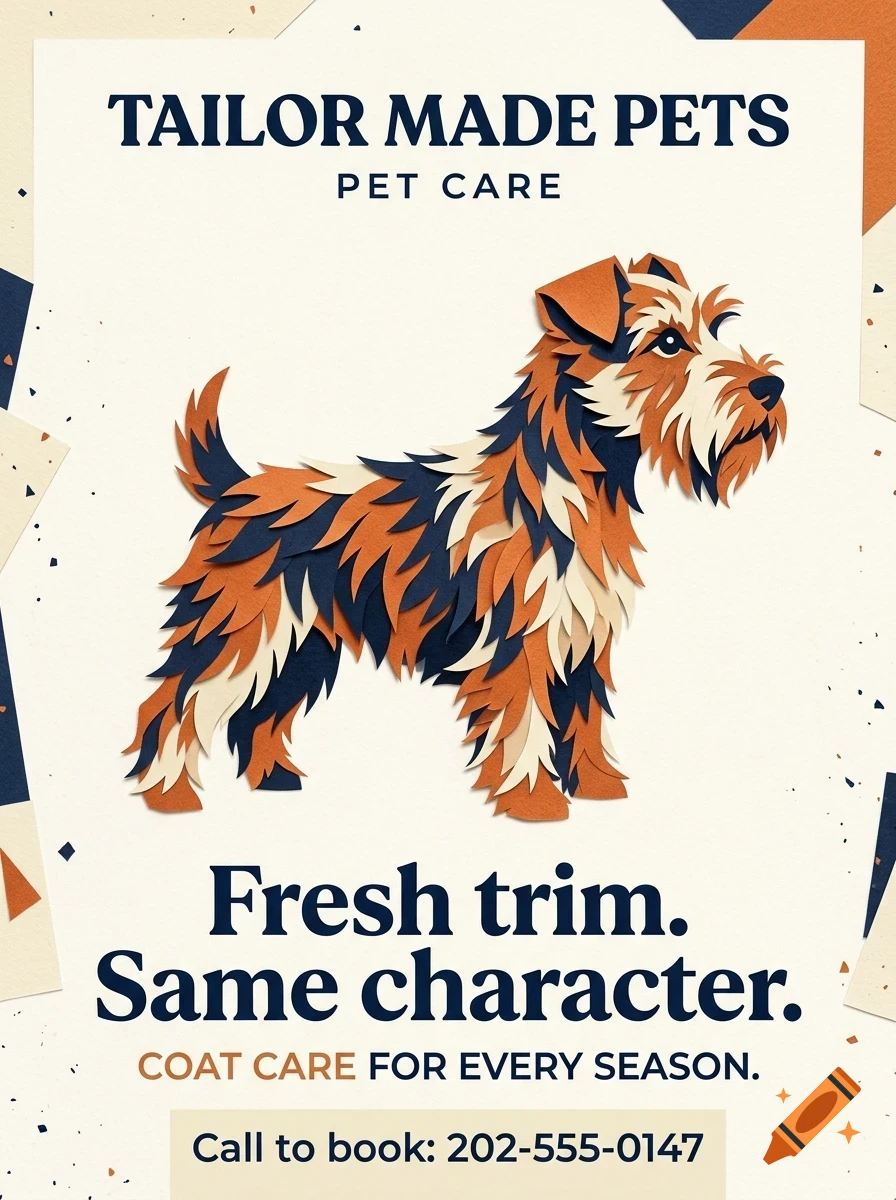 An advertisement for Tailor Made Pets featuring a papercraft illustration of a terrier dog and text.