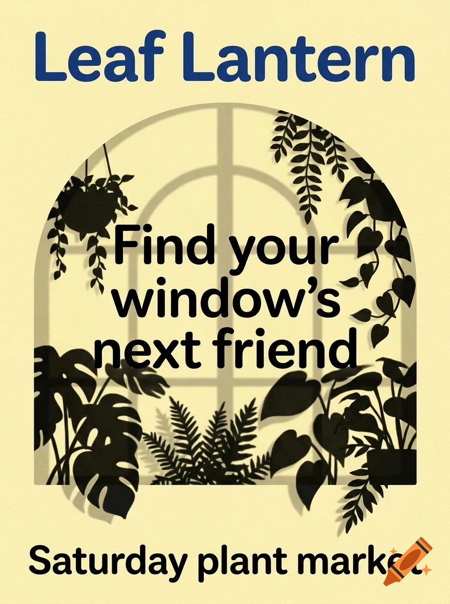 A poster featuring silhouettes of houseplants around a window with the text Leaf Lantern, Find your window's next friend, and Saturday plant market.