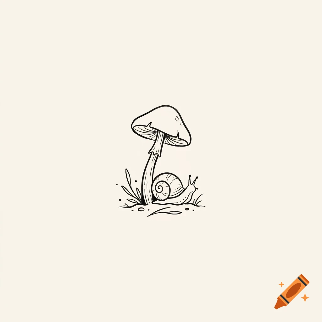 An ink line drawing of a small snail resting beside a mushroom stalk with grass.