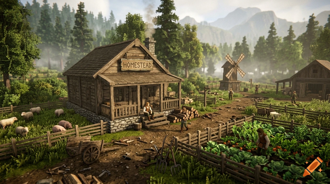 Digital illustration of a rustic homestead in a clearing with a wooden house, garden, animals, and mountains in the background.