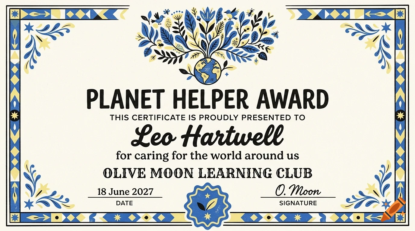 An illustrated Planet Helper Award certificate with blue and yellow floral and globe motifs, awarded to Leo Hartwell.