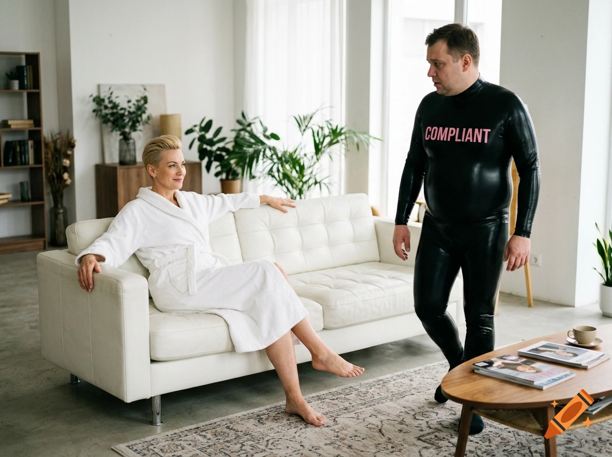 A smiling woman in a white bathrobe seated on a couch, looking at a man standing in a black latex suit with text.