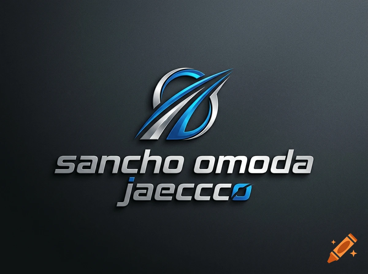 Metallic 3D logo featuring the text 'sancho omoda jaeccco' with a stylized circular design in blue and silver on a dark grey textured background.