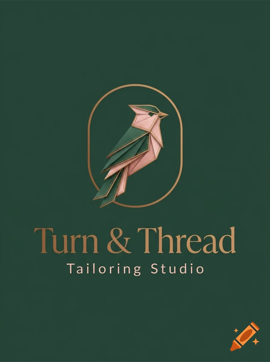 A logo for Turn & Thread Tailoring Studio featuring a paper-craft or origami style bird inside an oval frame on a dark green background.