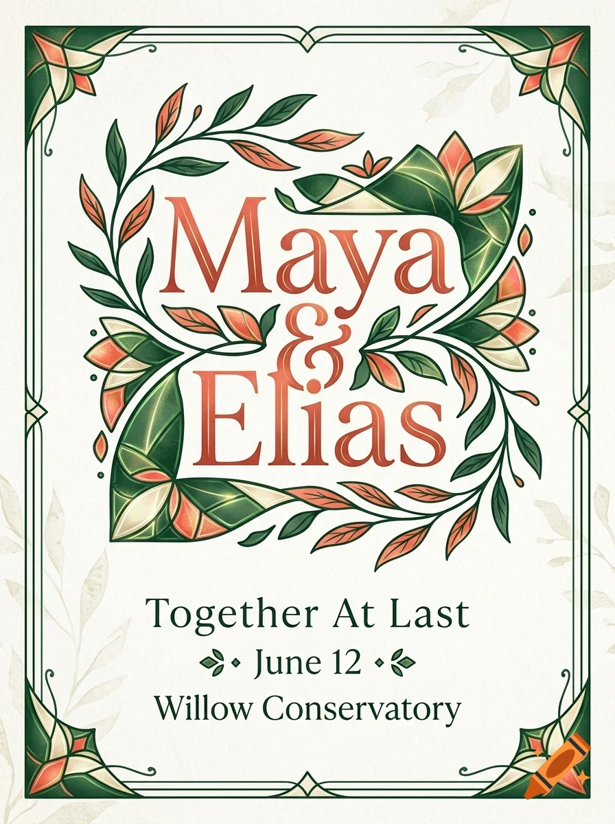 Decorative invitation with the text Maya and Elias, Together At Last, June 12, Willow Conservatory, surrounded by stained-glass style botanical borders.