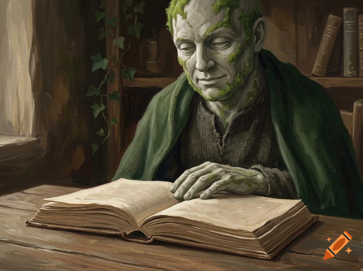 An elderly male figure with moss-like growth on his face and head sits reading a large open book at a wooden table indoors.
