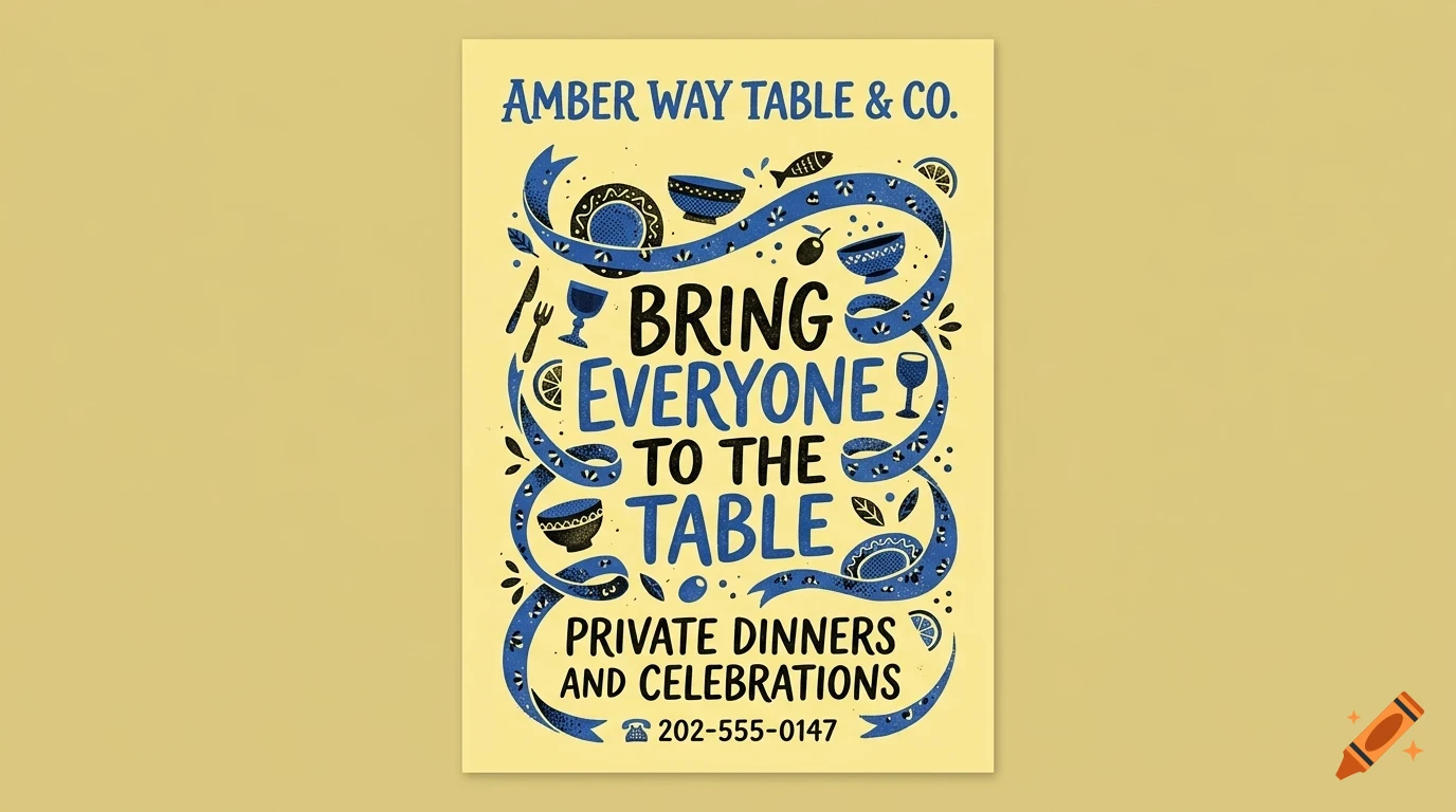 A poster featuring blue food and table illustrations, decorative ribbons, and the text BRING EVERYONE TO THE TABLE.