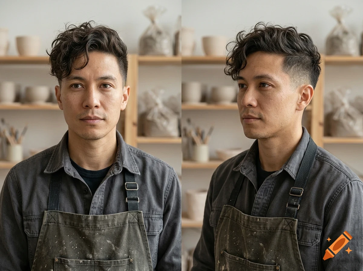 A side-by-side portrait of a man with dark curly hair and a grey apron, standing in a pottery studio.