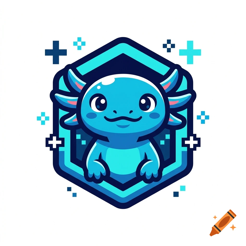 Vector style logo featuring a cute blue axolotl inside a hexagon shield with pixelated crosses in the background.