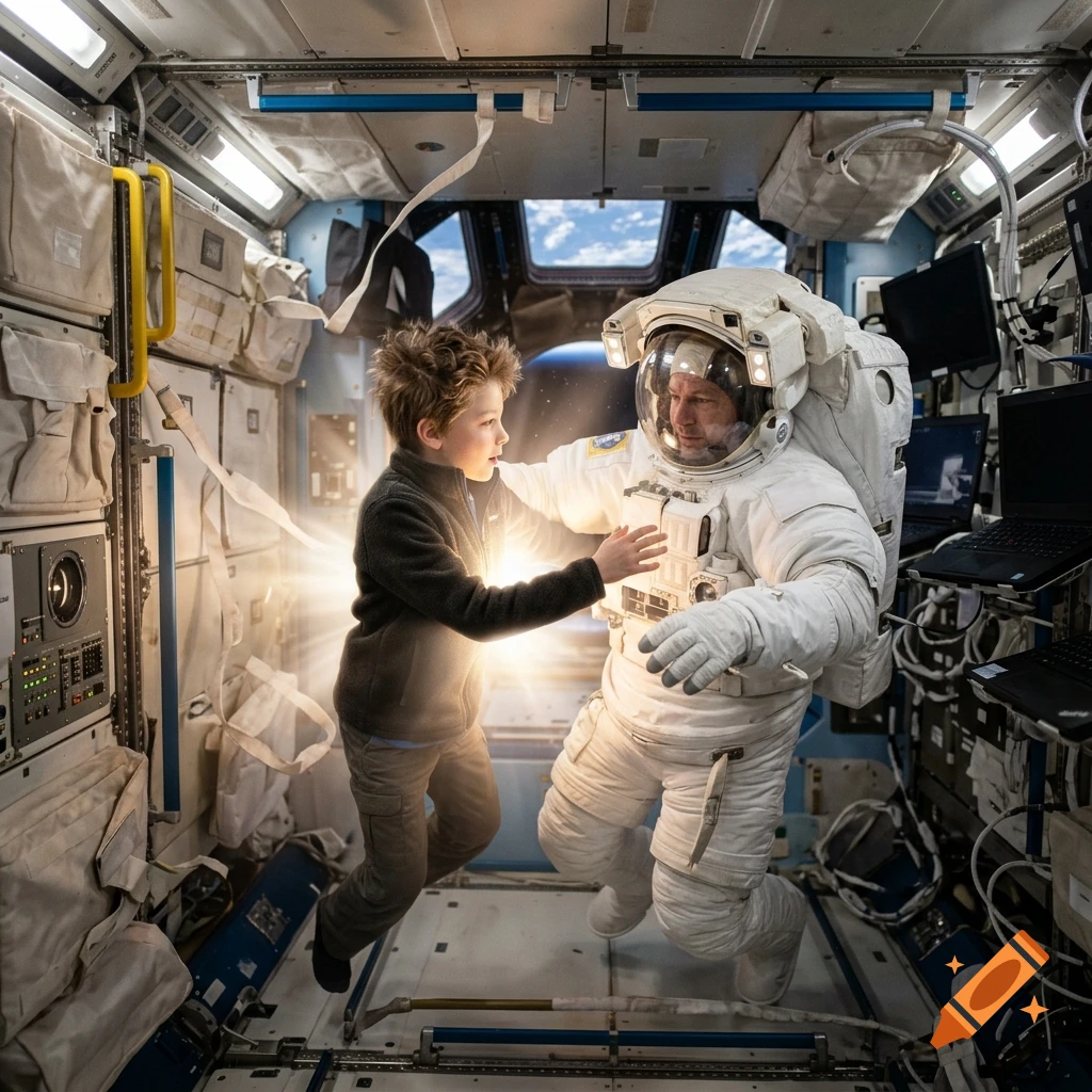 Photorealistic scene of an astronaut father in a space suit inside the ISS, embracing a young boy as light bursts from him.