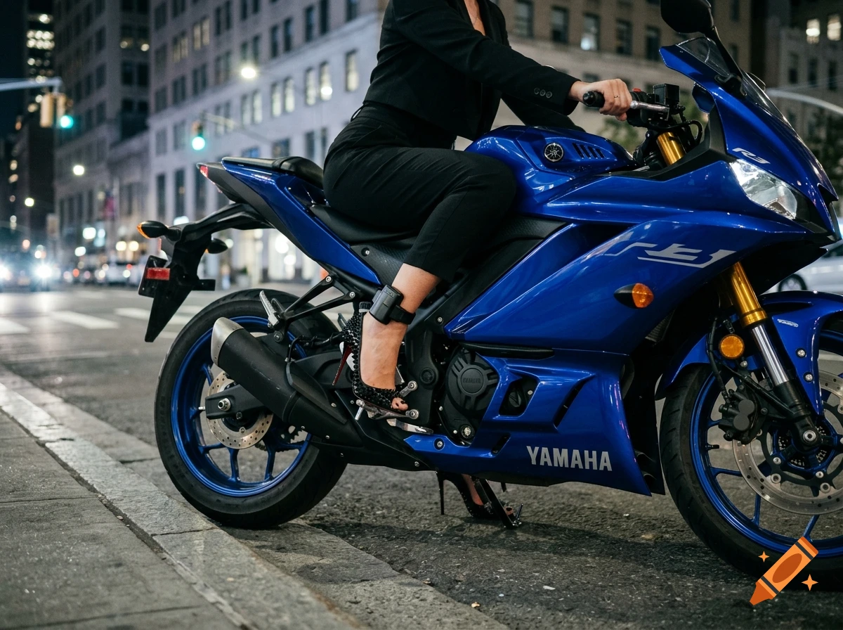 Photorealistic image of a fashionable person sitting on a blue Yamaha motorcycle at night in a city.
