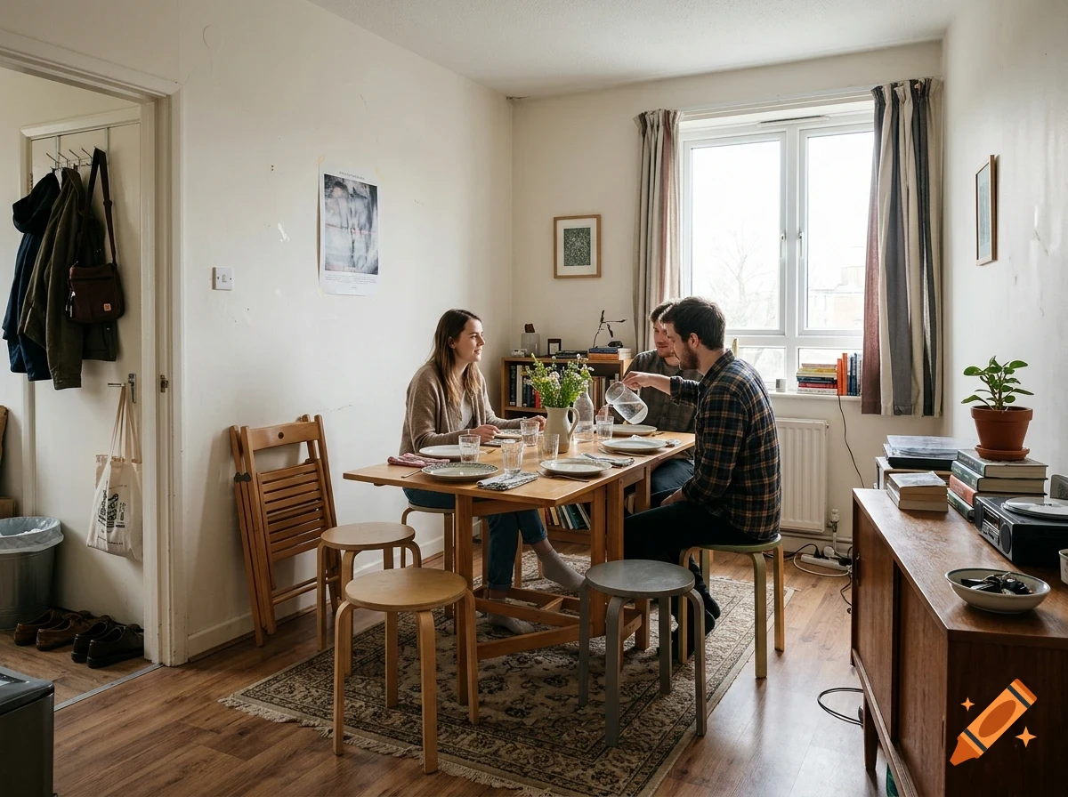Three young adults sitting around a wooden dining table in a bright apartment living room, eating and pouring water.