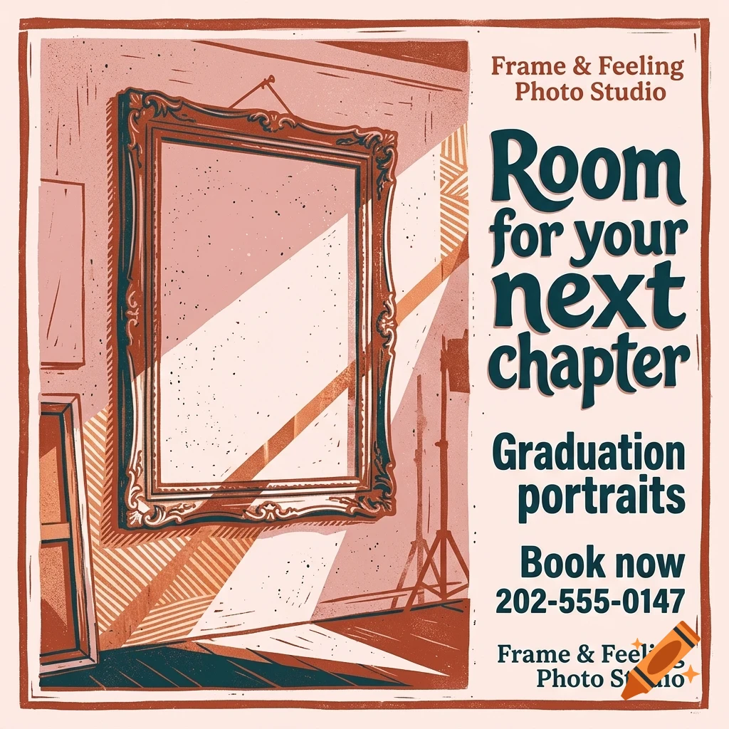 An illustrated poster advertising graduation portraits with a large decorative framed mirror on a pink wall, studio equipment, and bold text.