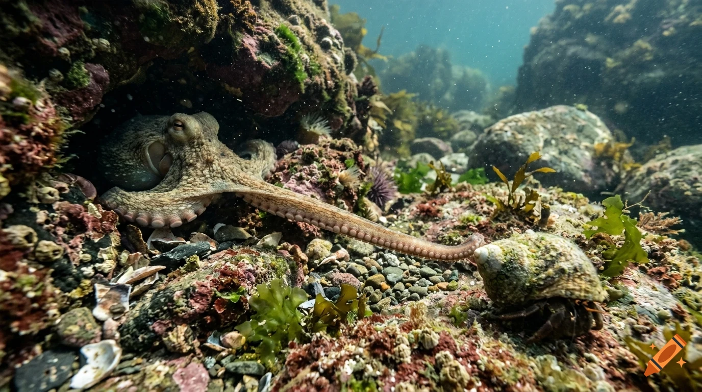 An octopus extends an arm towards a small sea creature among rocks and kelp on the ocean floor.